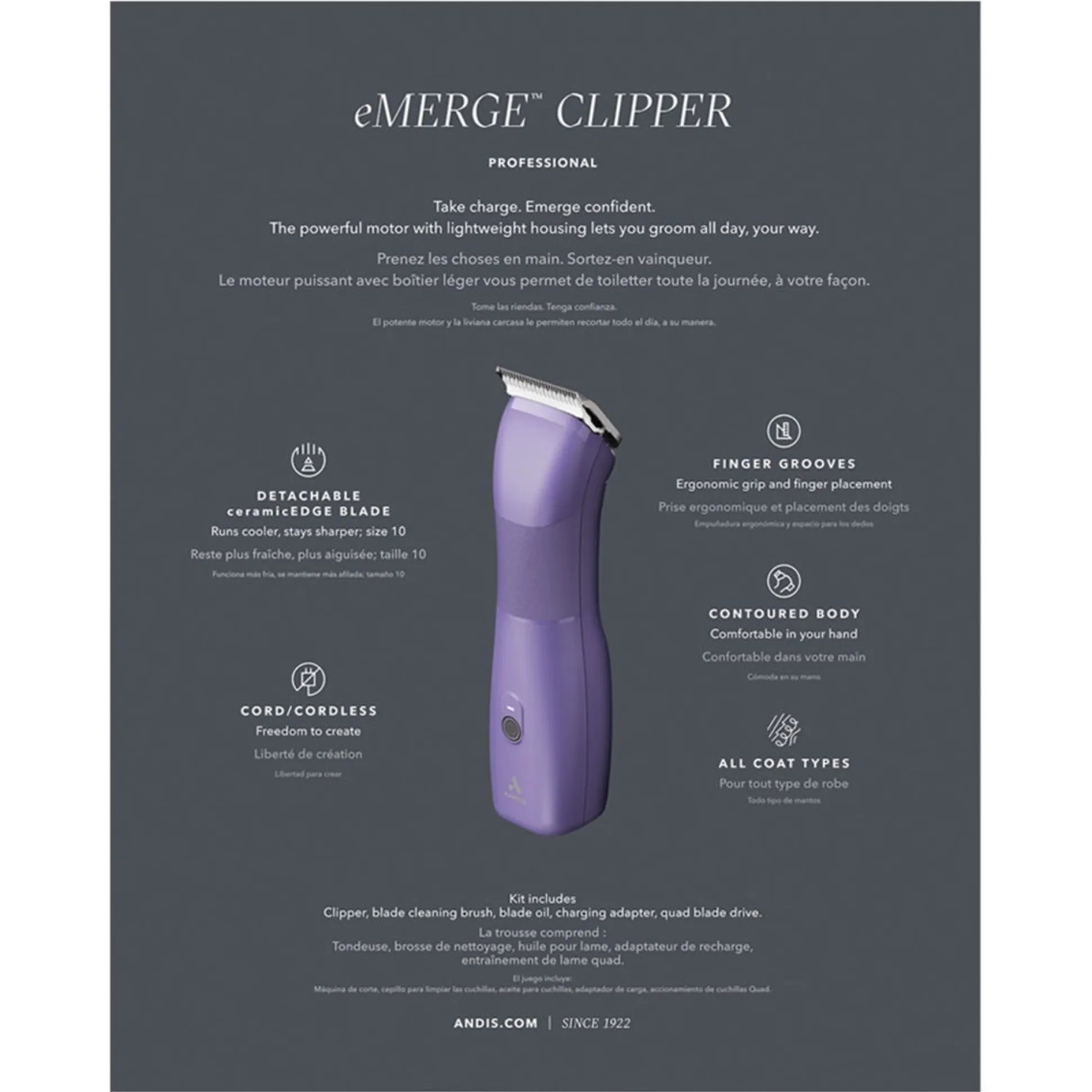 Andis eMERGE Cordless Dog Hair Clipper Purple