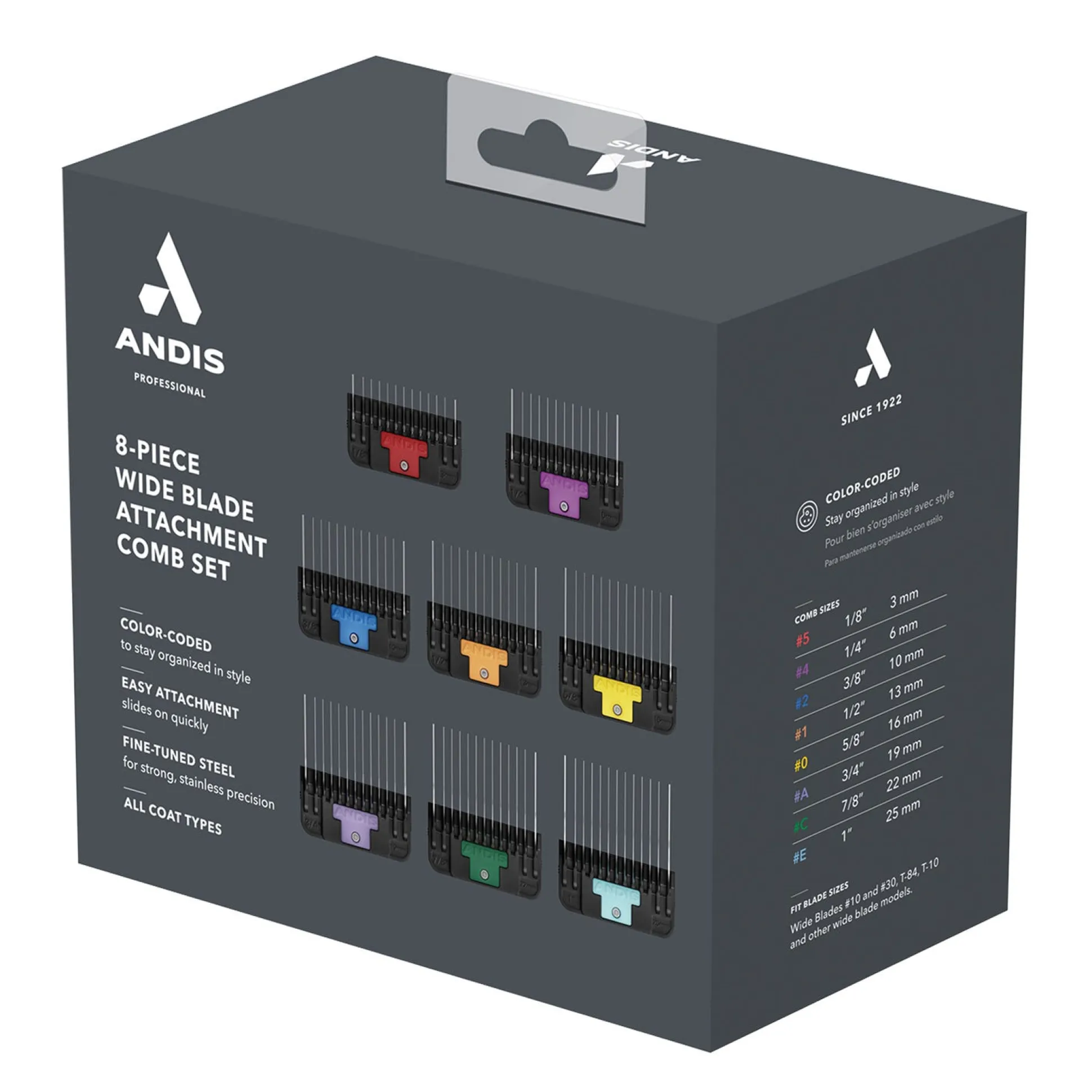 Andis Stainless Steel Wide Blade 8 pc Comb Set