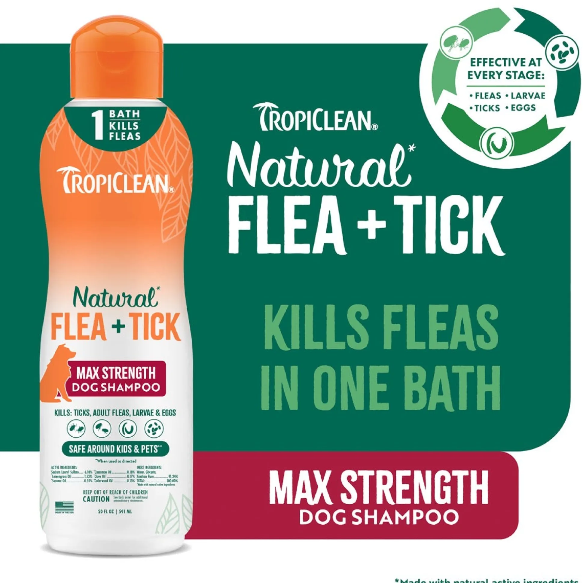 TropiClean Natural Flea & Tick Dog Grooming Shampoo Max Strength