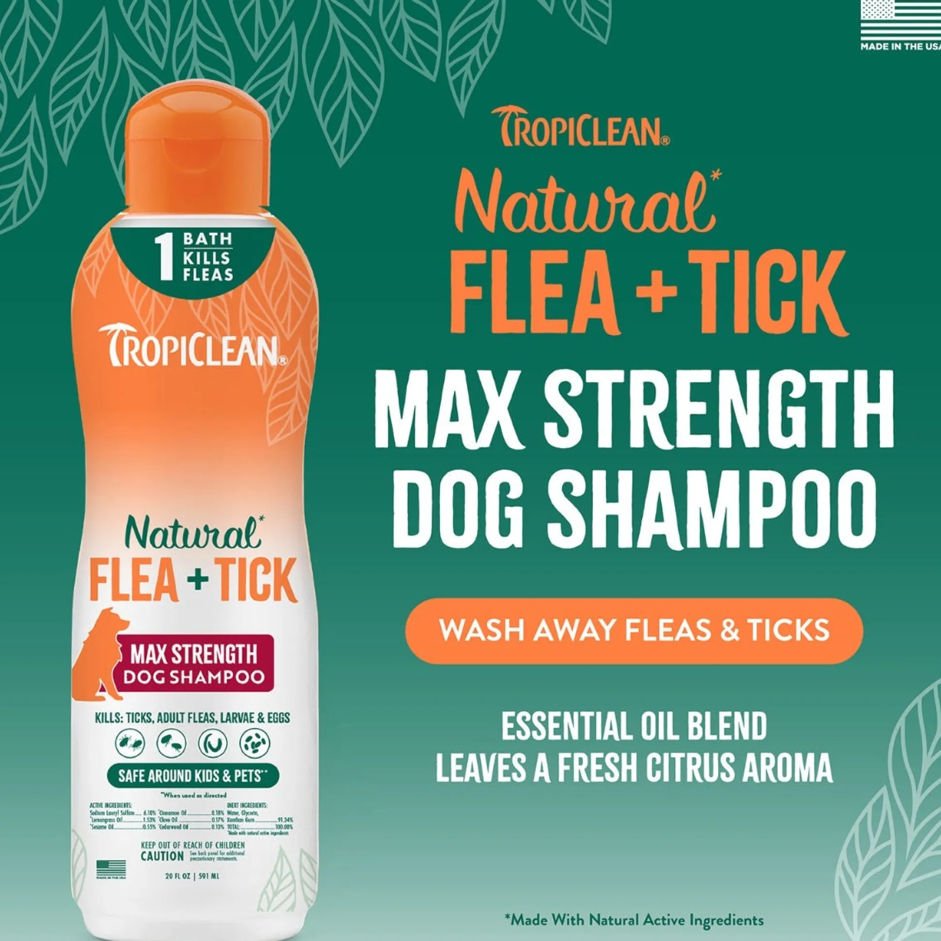 TropiClean Natural Flea & Tick Dog Grooming Shampoo Max Strength